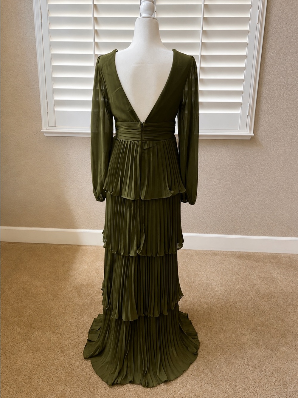 Lulus Graceful Finesse Olive Green Pleated Long Sleeve Maxi Dress - Size M - Picture 3 of 6